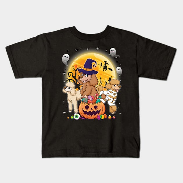 Standard Poodle Dog Mummy Witch Moon Ghosts Happy Halloween Thanksgiving Merry Christmas Day Kids T-Shirt by joandraelliot